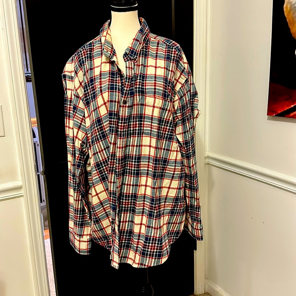 Foundry supply company, three XL flannel blue and red shirt